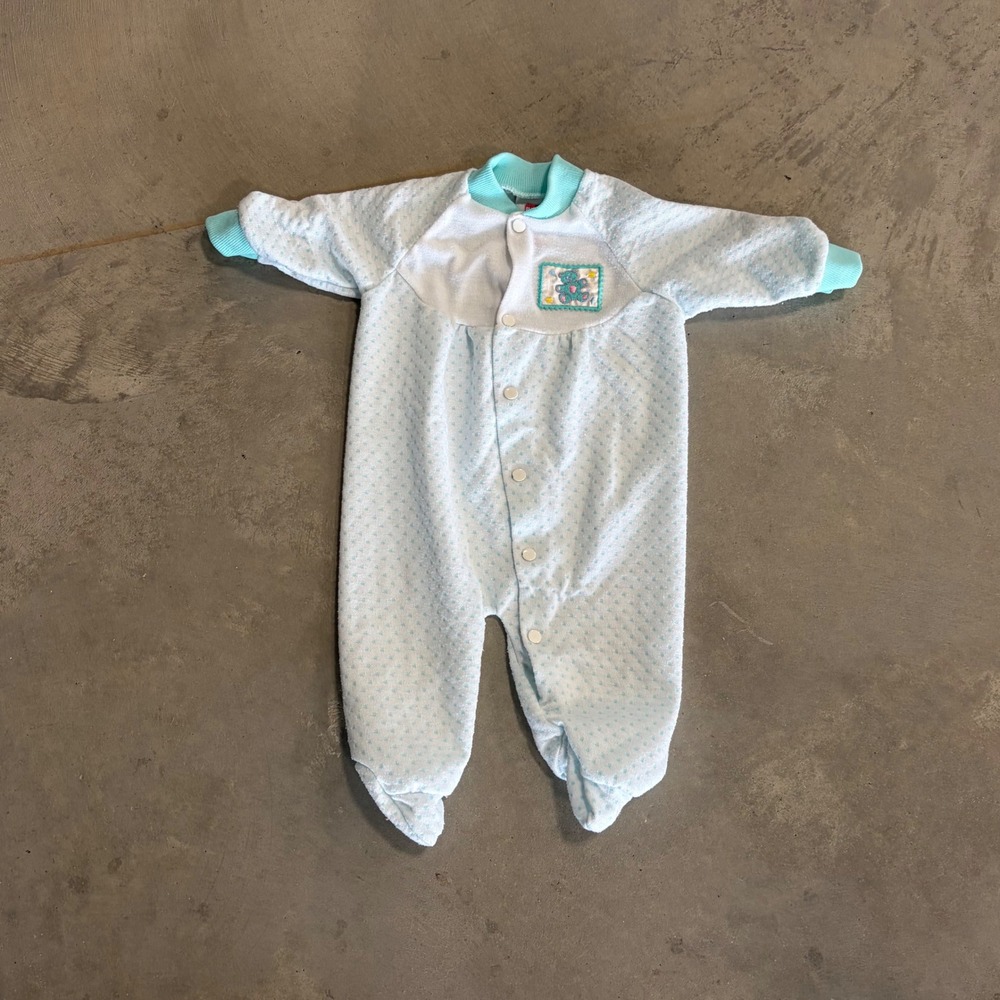 Vintage Playskool Baby Footed Sleeper Blue White Polka Dot Teddy Bear 0-3 Months
